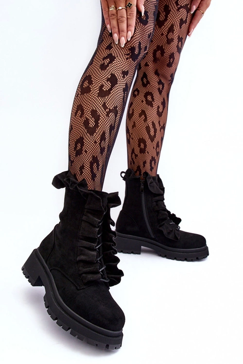 Zamszowe Ocieplane Botki Workery Na Płaskim Obcasie Czarne Nacelle