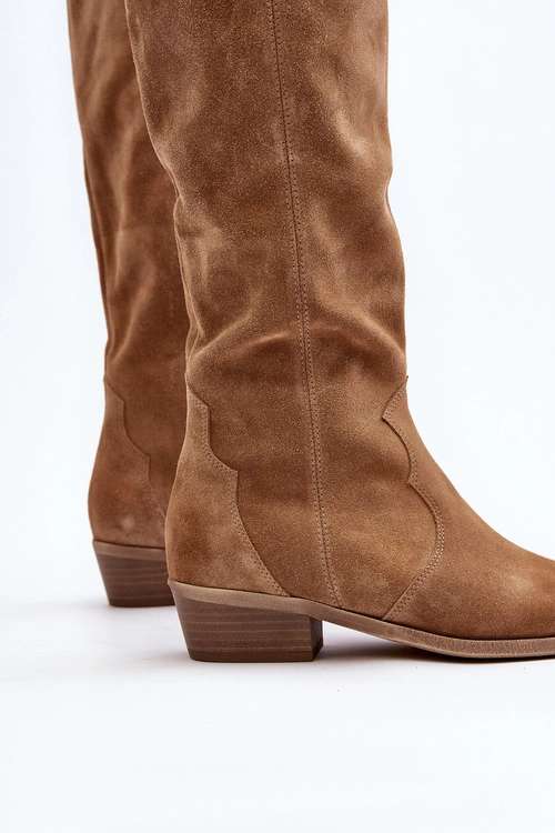 Zazoo 3427 Damskie Zamszowe Kozaki Kowbojki Beżowe