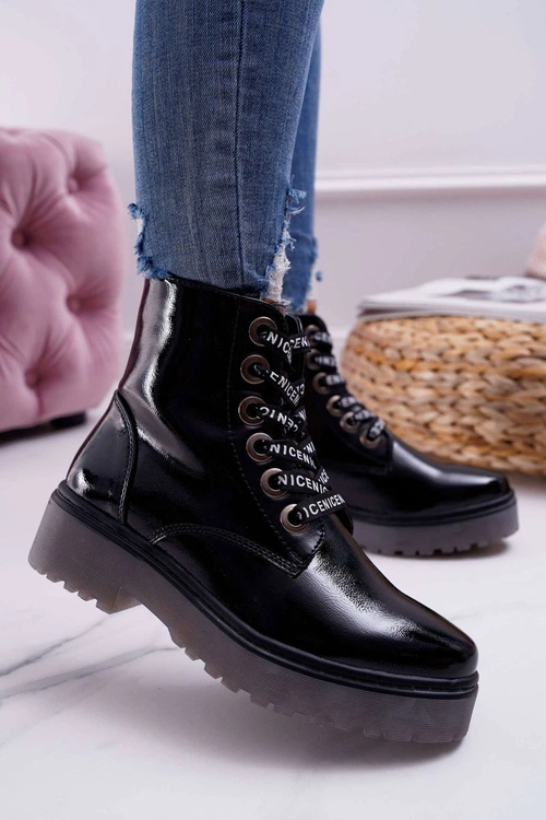 Botki Damskie Płaski Obcas Glany Lakierowane Czarne Sergio Leone TR726