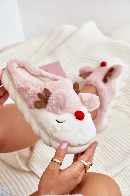 Futrzane Kapcie Damskie Z Motywem Renifera Różowe Wistira