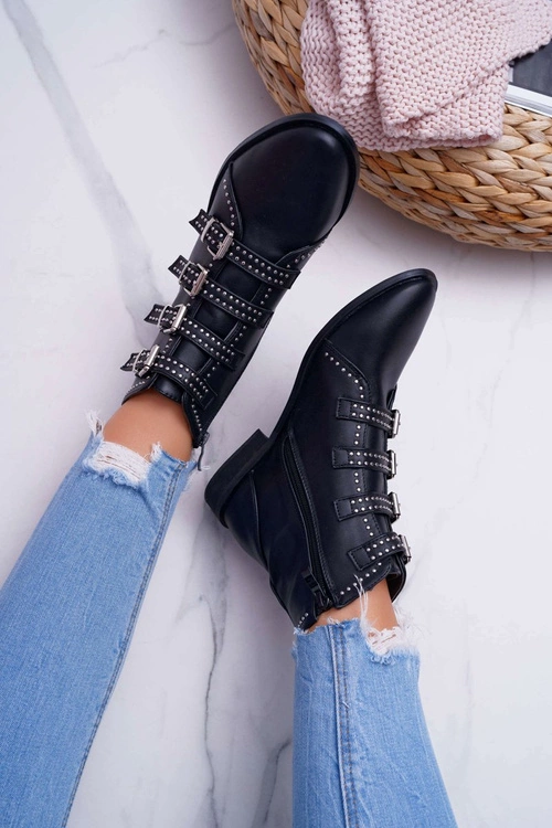 Damskie Botki Nity Klamry Czarne Berugio