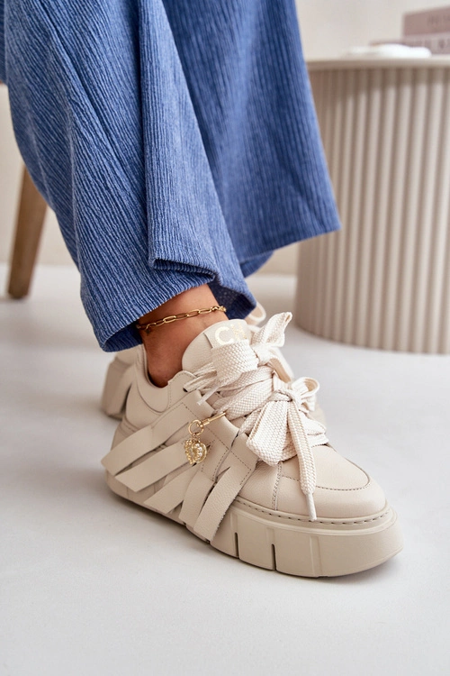 Sneakersy Skórzane Damskie Na Platformie Beżowe CheBello 4568