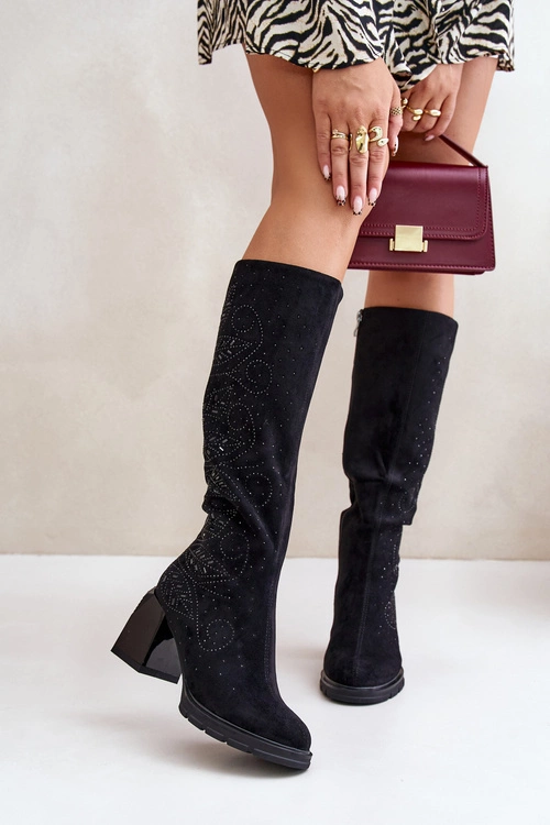 Zdobione Kozaki Damskie Przed Kolano Ocieplane Na Słupku MR880-158 Czarne