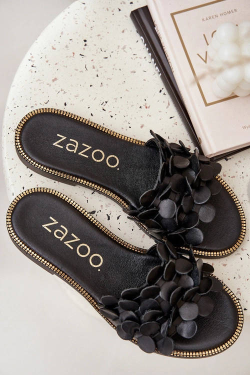 Zazoo 40381 Damskie Skórzane Klapki Na Płaskim Obcasie Czarne