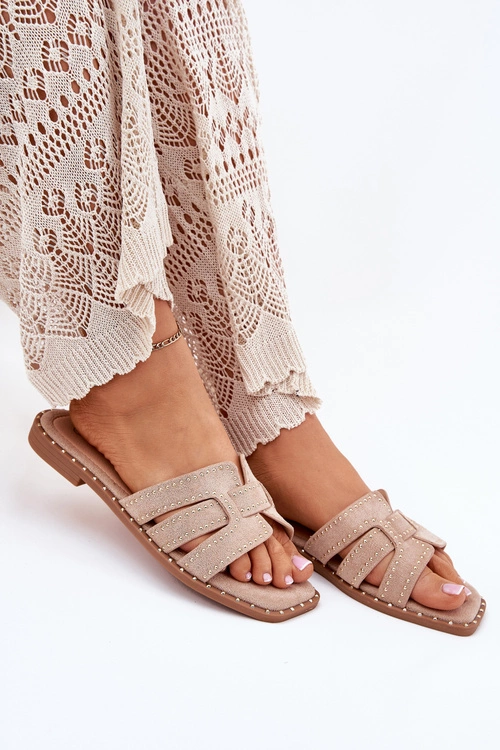 Zdobione Klapki Na Płaskim Obcasie Khaki Anniles