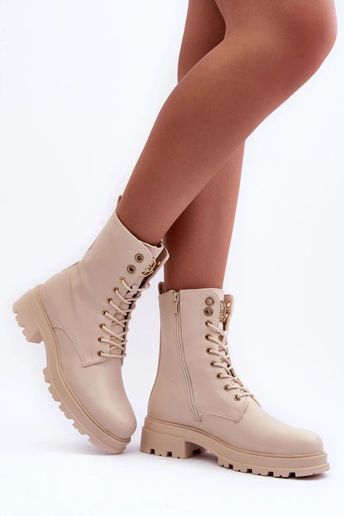 Skórzane Workery Botki Z Ozdobą Beżowe Yemannis