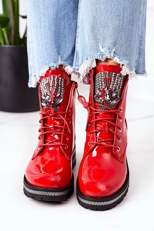 Lakierowane Ocieplane Workery Z Cyrkoniami Czerwone Attention