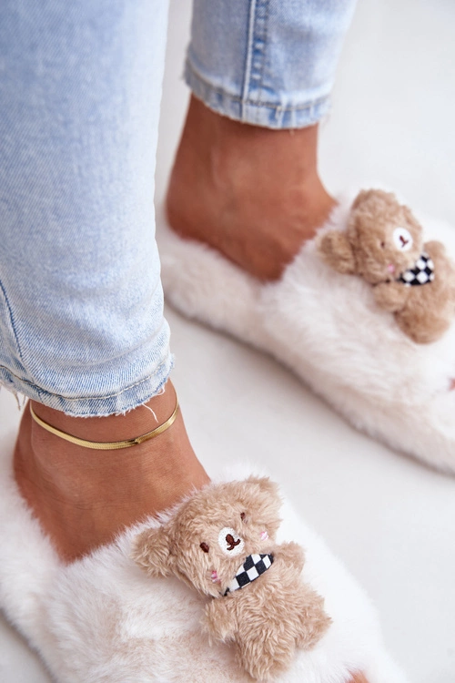 Futrzane Kapcie Damskie Z Misiem Białe Romania