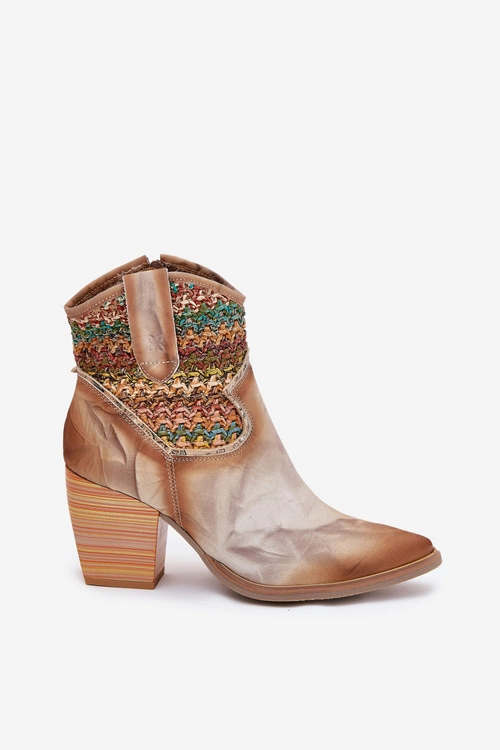 Skórzane Botki Kowbojki Na Słupku Z Ozdobną Plecionką Maciejka 06810-29 Multikolor