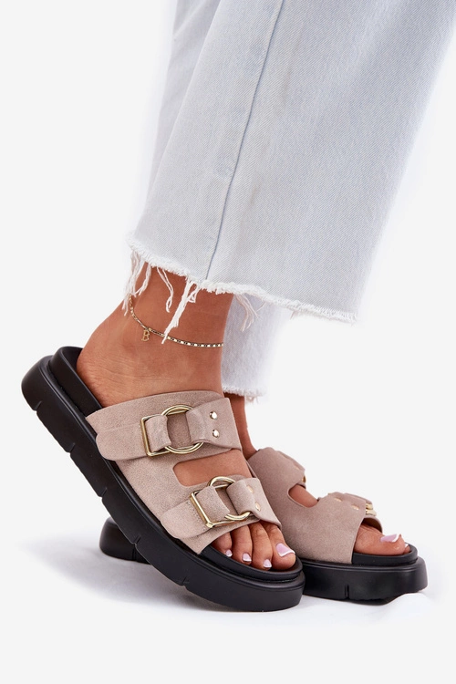 Zamszowe Klapki Damskie Z Ozdobnymi Klamrami Big Star RR274659 Jasnoróżowe