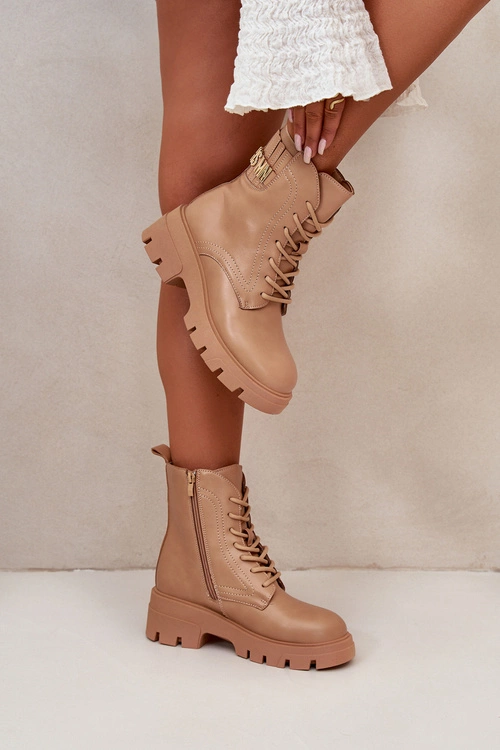 Damskie Workery Botki Na Zamek Sznurowane Z Eko Skóry Beżowe Naolani