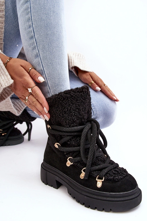 Trapery Śniegowce Damskie Z Wiązaniem Czarne Shala