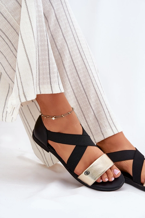 Sandały Damskie Płaskie Z Elastycznymi Paskami Czarno-Złote Marinea