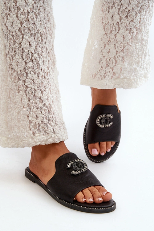 Eleganckie Klapki Damskie Błyszczące Z Ozdobą S.Barski KV27-050 Czarne