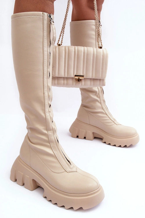 Skórzane Kozaki Na Masywnej Platformie Z Suwakiem Beżowe Ringo