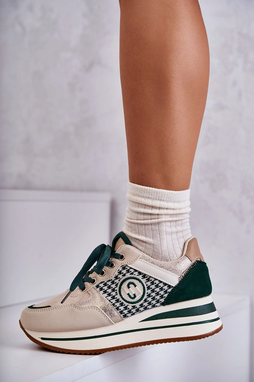 Modne Buty Sportowe Damskie Na Koturnie Beżowo-Zielone Aronne