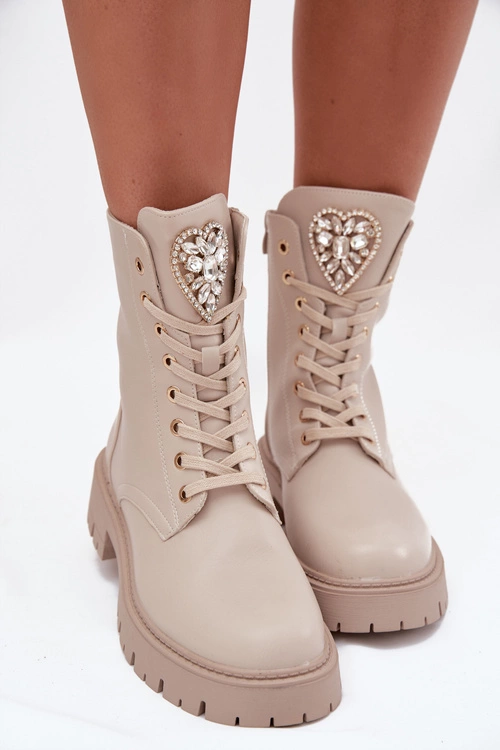 Botki Workery Damskie Z Kryształkami Na Języku Jasnobeżowe Rosira