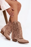 Botki Kowbojki Damskie Z Frędzlami Na Słupku Khaki Gralina