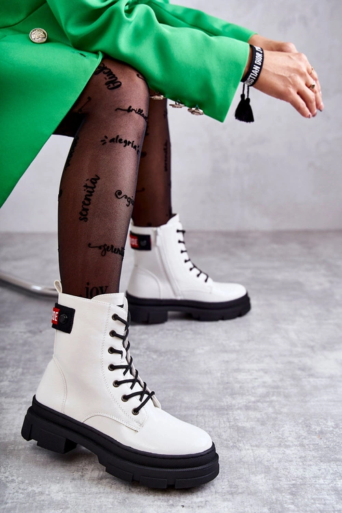 Damskie Lakierowane Botki Workery Sznurowane Białe Conny