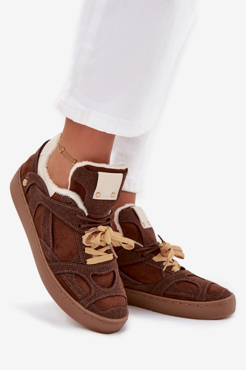 Sneakersy Damskie Na Platformie Ocieplane Futerkiem Brązowe Solvia