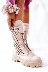 Damskie Skórzane Ażurowe Botki Trapery Beżowe Hootie