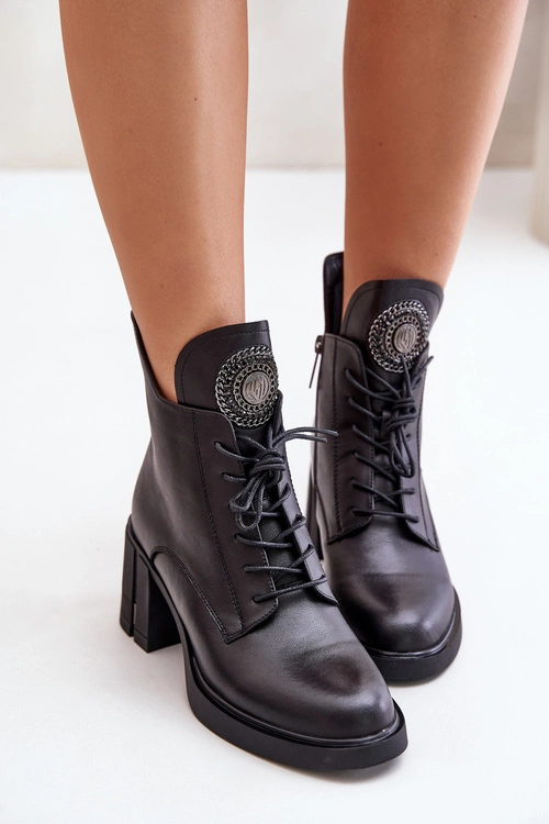 Ocieplane Botki Na Masywnym Obcasie Skóra Naturalna Czarne Vinceza 66676