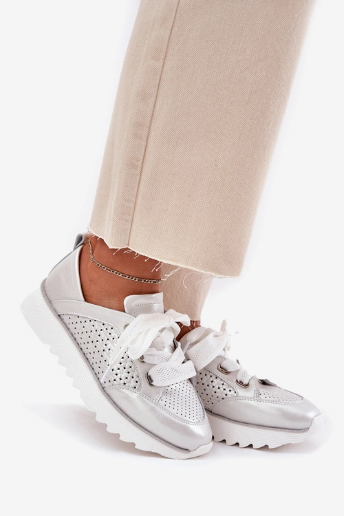 Skórzane Sneakersy Damskie Na Platformie D&A LR51-796 Srebrne