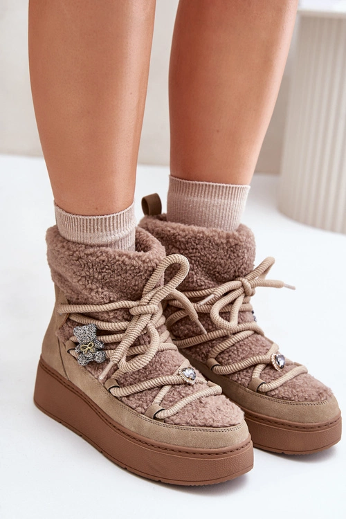 Śniegowce Damskie Z Przypinkami I Futerkiem Typu Baranek Brązowe Almatiza