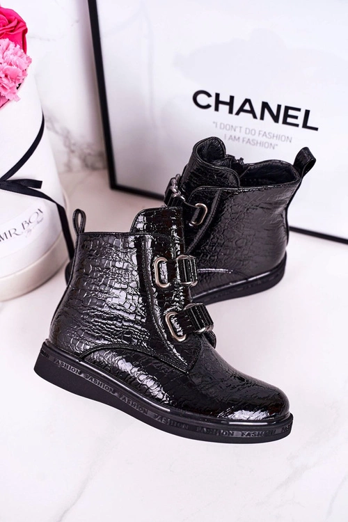 Dziecięce Ocieplane Botki Lakierowane Czarne Wzór Zwierzęcy Maya