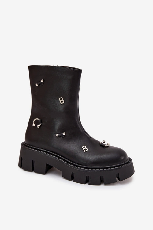 Ocieplane Botki Damskie Na Zamek Z Ozdobami Czarne Thavira