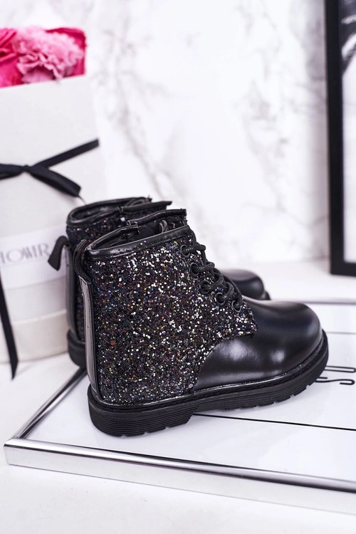 Dziecięce Brokatowe Ocieplane Botki Traperki Czarne Ariel