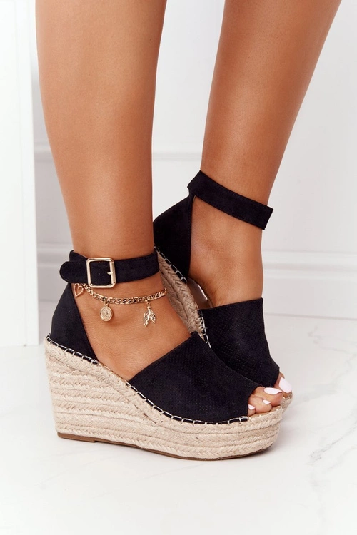 Sandały Na Koturnie Z Plecionką Czarne Makenna