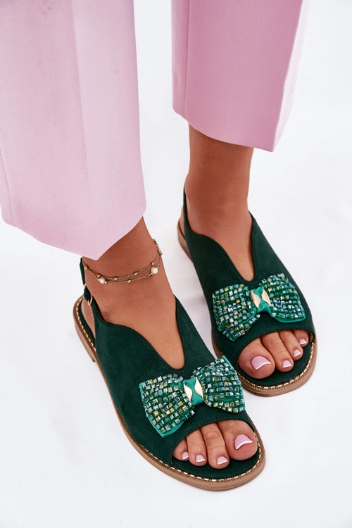 Sandały Damskie Z Kokardą Na Płaskim Obcasie S.Barski KV51-014 Zielone