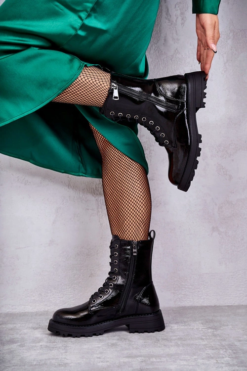 Skórzane Botki Na Płaskim Obcasie Czarne Estela