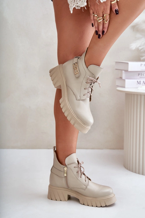 Zazoo 60483 Damskie Skórzane Botki Z Niską Cholewką Ocieplane Beżowe