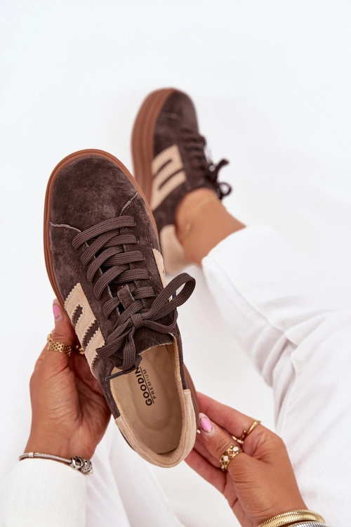 Sneakersy Damskie Na Platformie Z Naturalnego Zamszu Czekoladowe Eldira