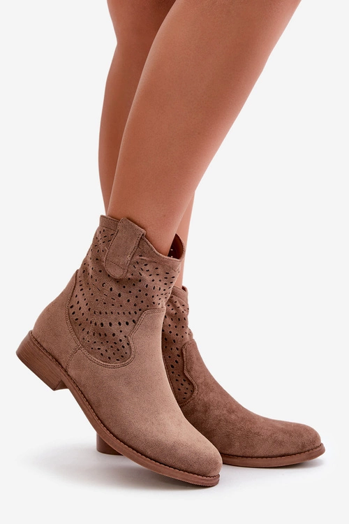 Damskie Ażurowe Botki Na Płaskim Obcasie Brązowe S.Barski HY42-135