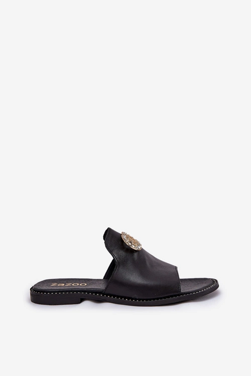 Eleganckie Skórzane Klapki Damskie Z Ozdobą Zazoo 3008 Czarne