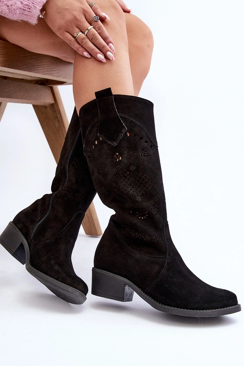 Zazoo 4043 Zamszowe Kozaki Na Niskim Obcasie Ażurowe Czarne