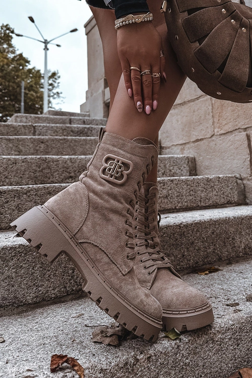 Botki Wokrery Damskie Z Ozdobnym Elementem Ocieplane Beżowe Kalindra