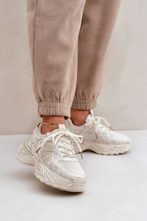 Sneakersy Damskie Z Przetarciami Na Platformie Beżowe Seladwen