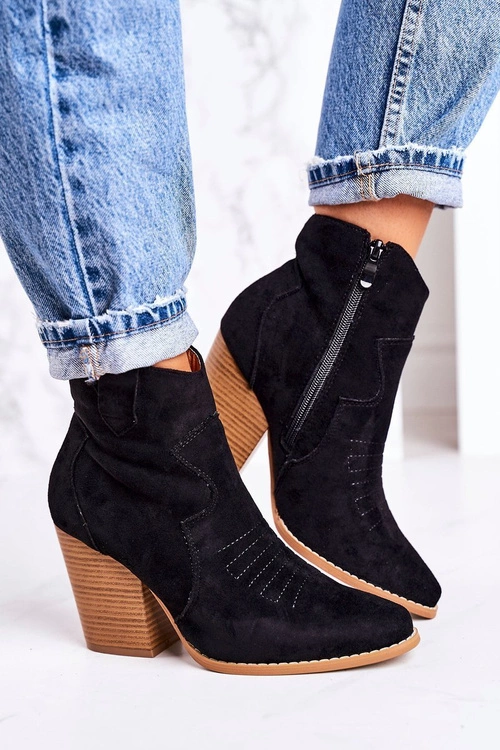 Damskie Kowbojskie Ocieplane Botki Na Słupku Czarne Margaret