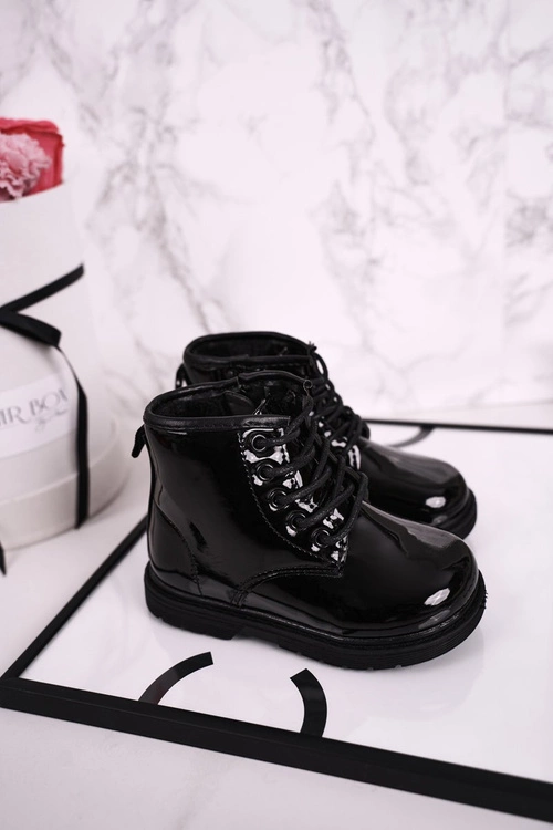 Dziecięce Botki Ocieplane Glany Lakierowane Czarne Ammy