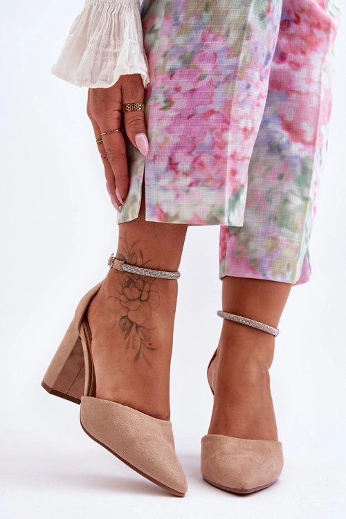 Zamszowe Czółenka Z Cyrkoniami Ciemnobeżowe Diamond