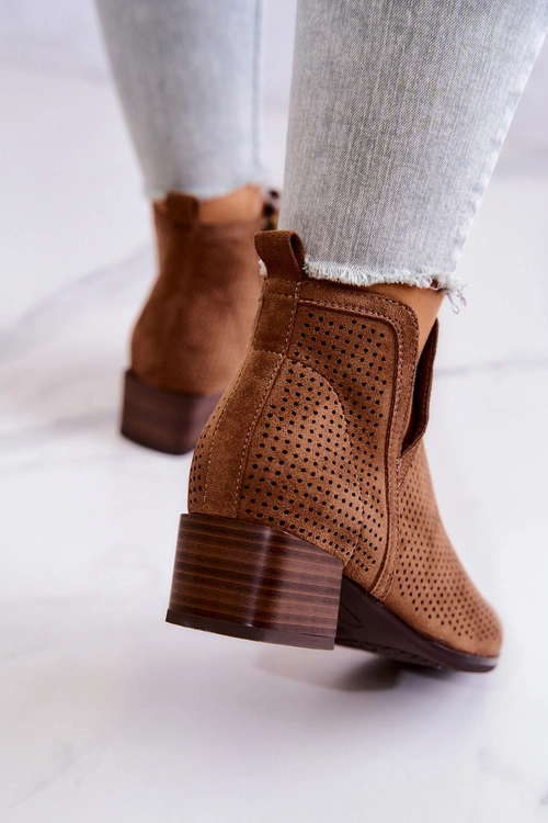 Zamszowe Botki Ażurowe Z Wycięciem Brązowe Carine