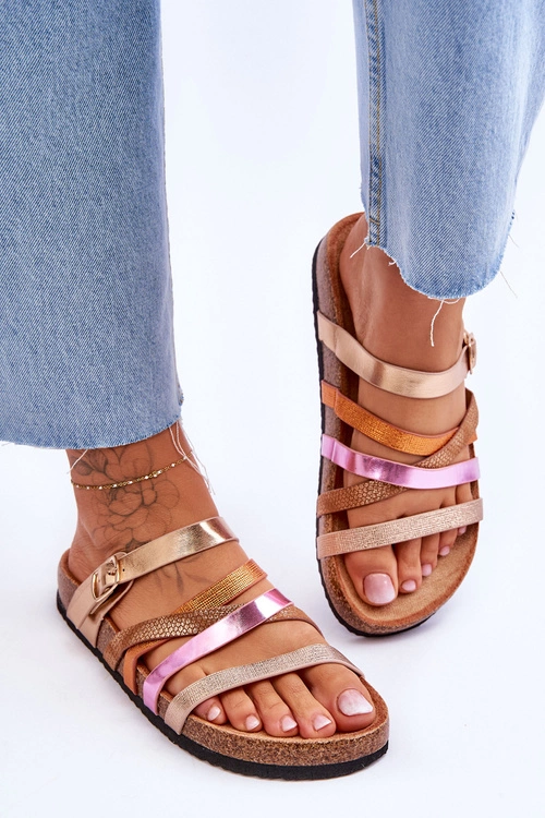 Damskie Klapki Na Platformie Z Paskami Złote Clover