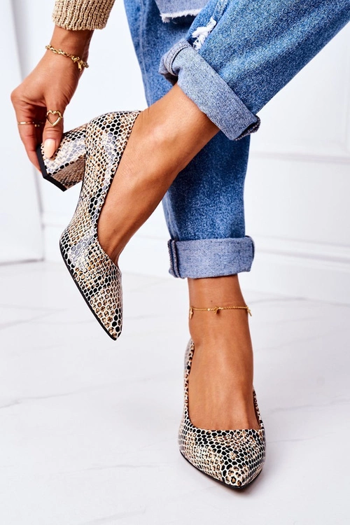 Skórzane Czółenka Ze Zwierzęcym Wzorem Lewski Shoes 2801 Czarno-Beżowe