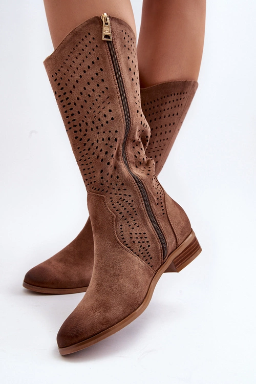 Ażurowe Kozaki Do Połowy Łydki Brązowe Kleorelia