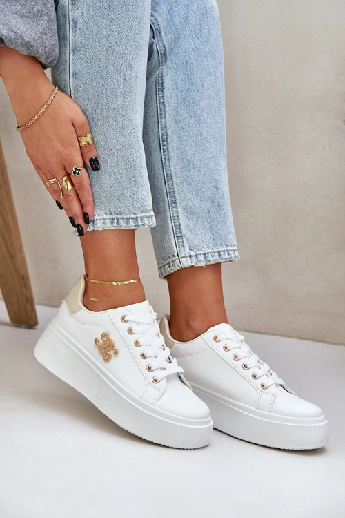 Sneakersy Damskie Na Platformie Biało-Beżowe Temittes