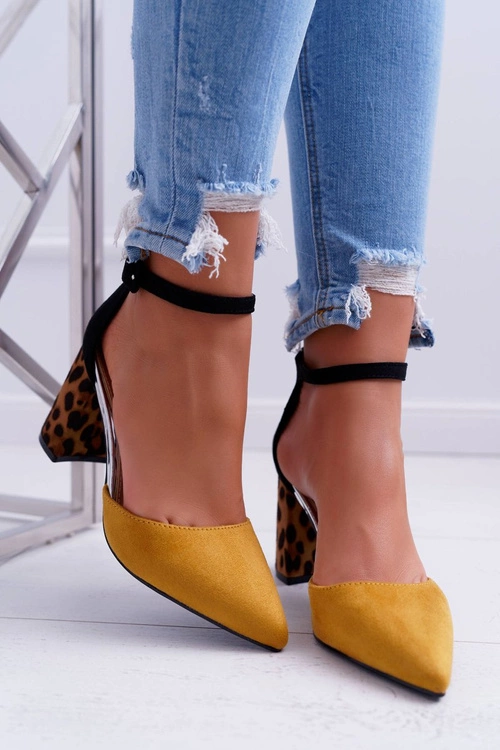 Czółenka Damskie Na Słupku Panterki Żółte Ferri